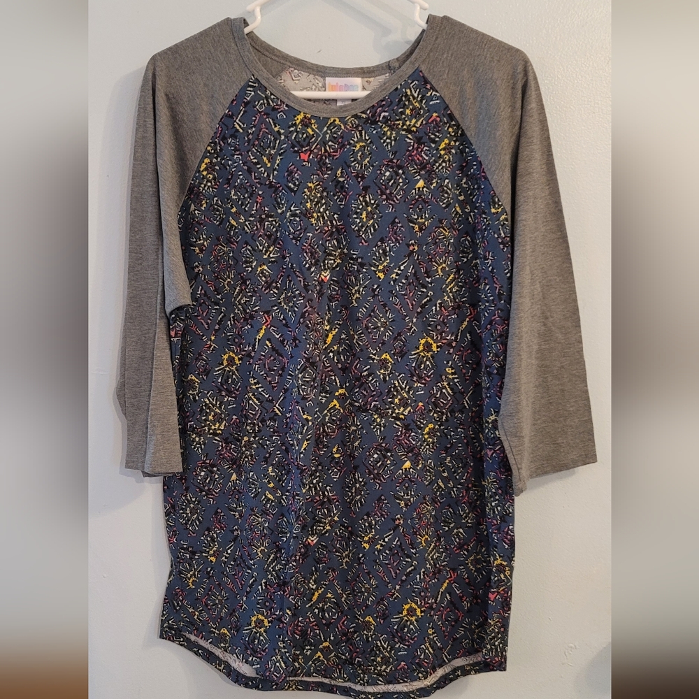 LuLaRoe XL shirt The Randy Blue Pink Yellow Baseball Style Design